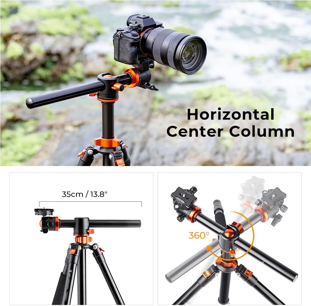 K&F CONCEPT 73 inch /186cm Camera Tripod,Transverse Center Column Aluminium DSLR Tripod with 360 Degree Ball Head 10kg Load Capacity,Quick Release Plate,Detachable Monopod T255A3+BH-28L