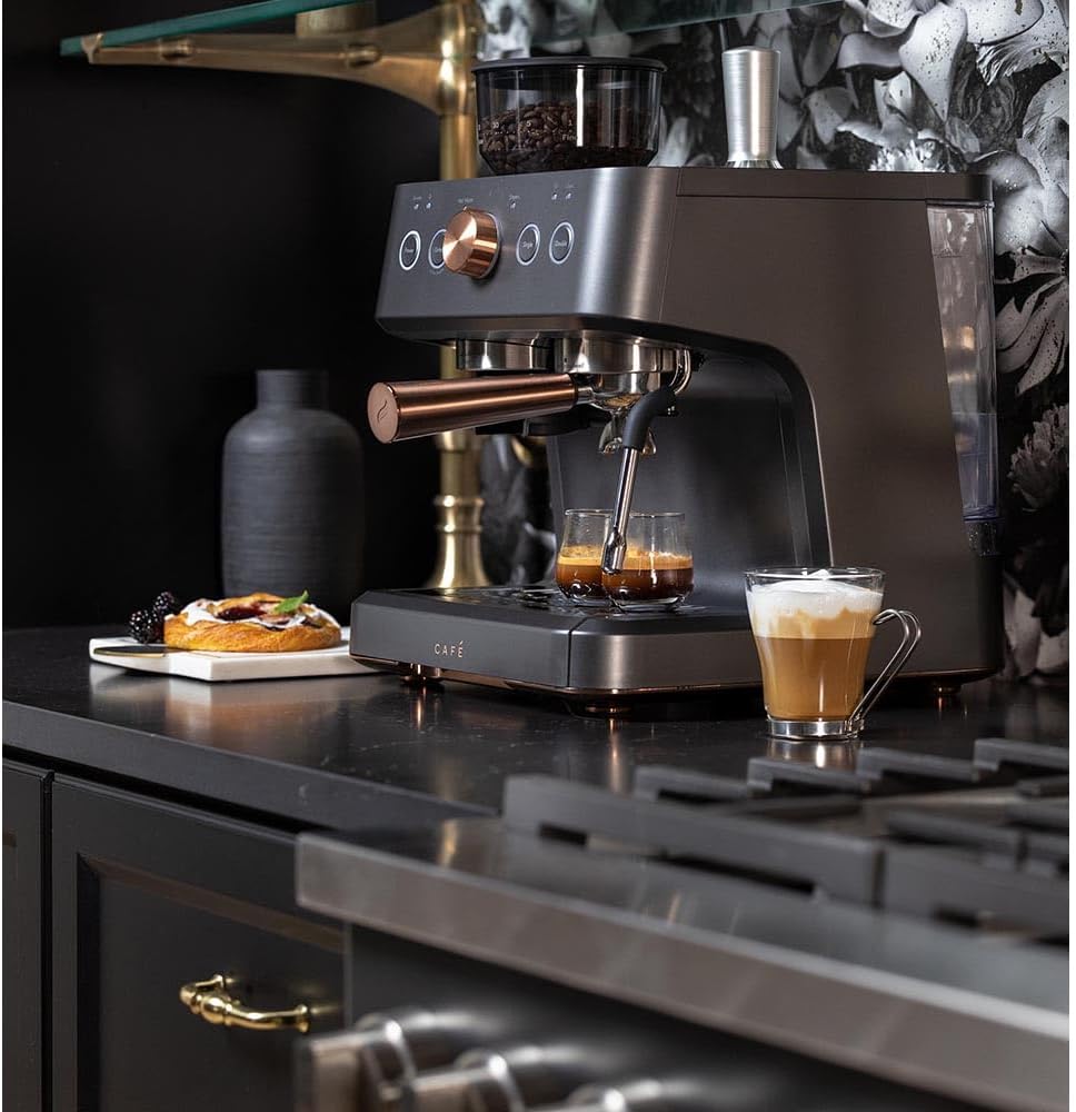 Café Bellissimo Semi Automatic Espresso Machine with Grinder & Milk Frother | Copper Accents | WiFi App Control | Large 95oz Tank | Matte Black