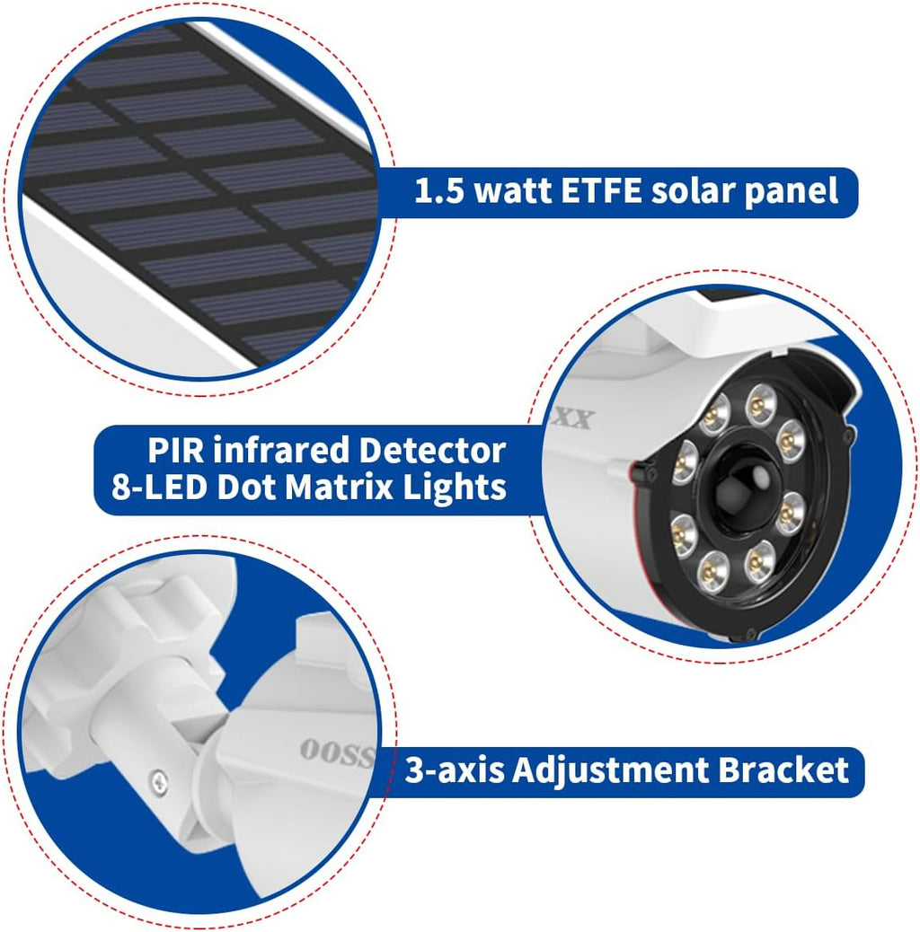 OOSSXX Solar Powered Outdoor Wireless Simulated Cameras Fake Camera Wire Free Solar Motion Light Motion Sensor Floodlights Spotlight