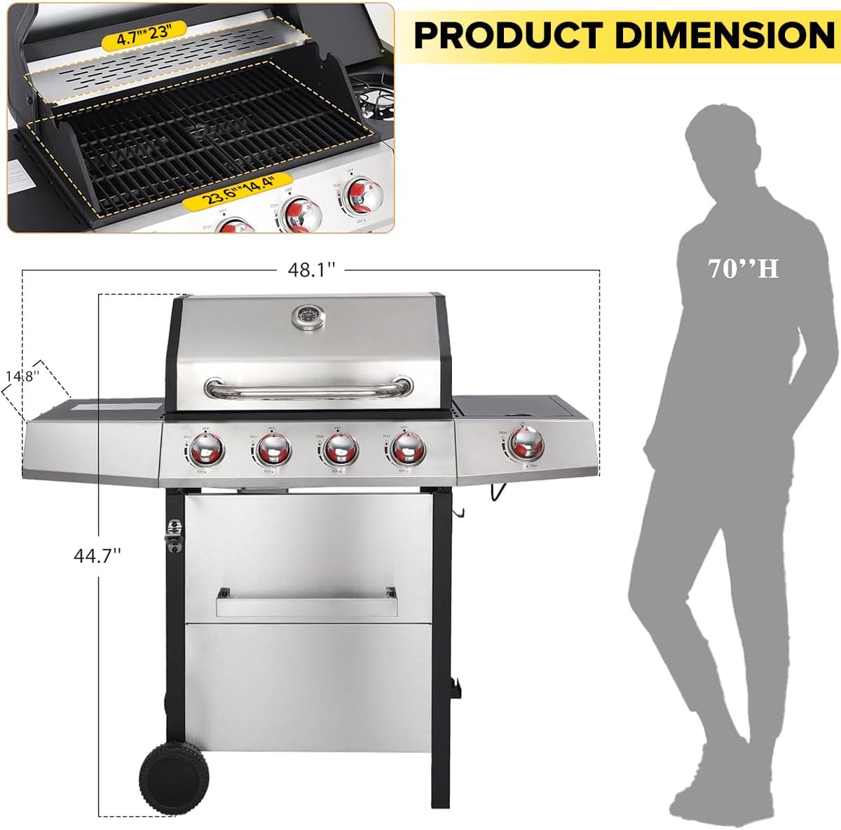 CIG GARDEN 4-Burner Gas & Charcoal Combo Grill with Side Burner - 3-in-1 Propane BBQ Grill, Griddle and Smoker | 52,000 BTU Stainless Steel Outdoor Grill for Backyard, Patio, Camping