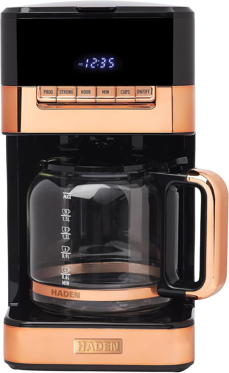 HADEN Quintessential 12 Cup Brew Coffee Maker, 120 Min Keep Warm, Delay Brew, Adjustable Strength, Programmable Clock, 30s Anti Drip, Black/Copper