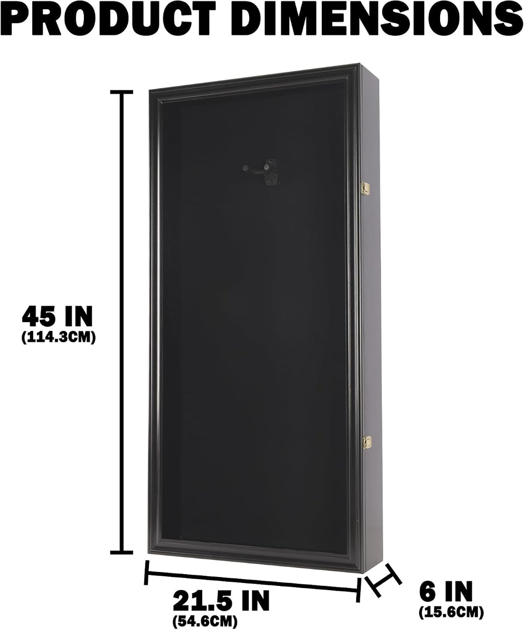 DisplayGifts 45' Acoustic Guitar Display Case Cabinet Shadow Box with Guitar Hanger Stand, Lockable 98% UV Protection Black Felt Interior Black Finish Frame