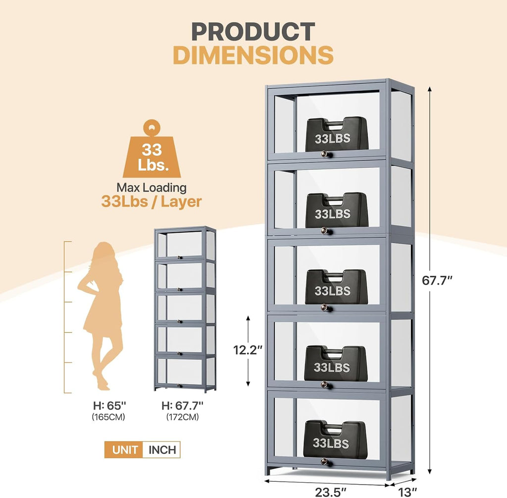 Magshion Display Cabinet, 5-Tier Display Case with Acrylic Doors, Large Curio Cabinet for Collectibles, Clear Showcase for Living Room, Bedroom, Office, 13'(L) x 23.5'(W) x 67.5'(H)