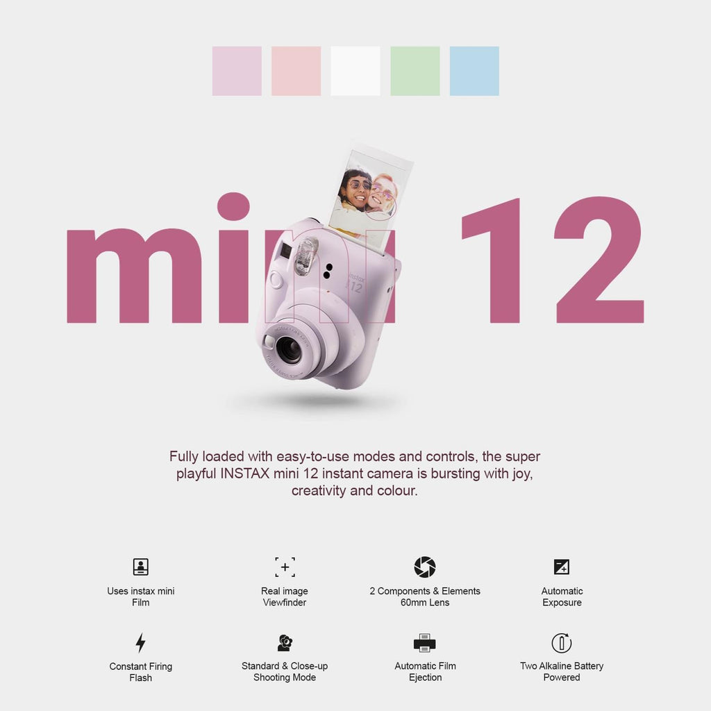 Fujifilm Instax Mini 12 Instant Camera + MiniMate Accessory Bundle & Compatible Custom Case + Fuji Instax Film Value Pack (50 Sheets) Flamingo Designer Photo Album (Mint Green)