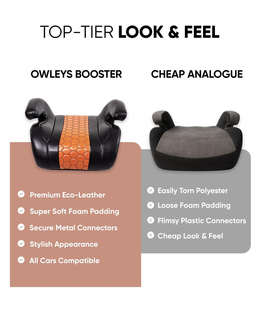 Owleys Backless Booster Car Seat with Latch Connectors, Kids Booster Seat for Car 40-100 lbs, Waterproof Eco Leather Cushion & Anti-Slip Base, Portable Travel Design for Ages 4-12, Black-Brown
