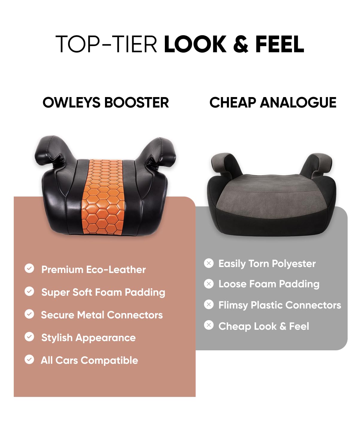 Owleys Backless Booster Car Seat with Latch Connectors, Kids Booster Seat for Car 40-100 lbs, Waterproof Eco Leather Cushion & Anti-Slip Base, Portable Travel Design for Ages 4-12, Black-Brown