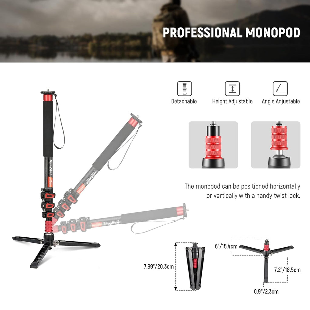 NEEWER 67.7' Camera Monopod Stand, Lightweight Carbon Fiber Travel Tripod with Detachable Base for DSLR Camcorder Video Recording, Telescopic Selfie Stick Trekking Pole, Max Load 13.2lb, TP71