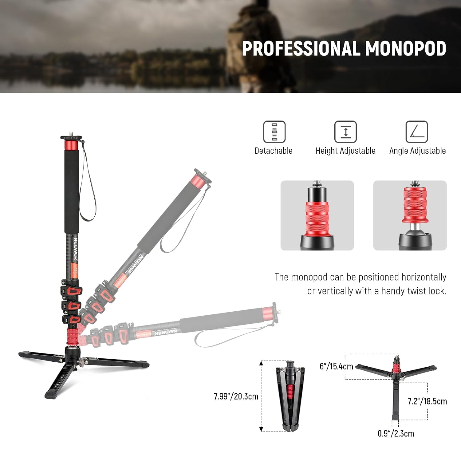 NEEWER 67.7' Camera Monopod Stand, Lightweight Carbon Fiber Travel Tripod with Detachable Base for DSLR Camcorder Video Recording, Telescopic Selfie Stick Trekking Pole, Max Load 13.2lb, TP71