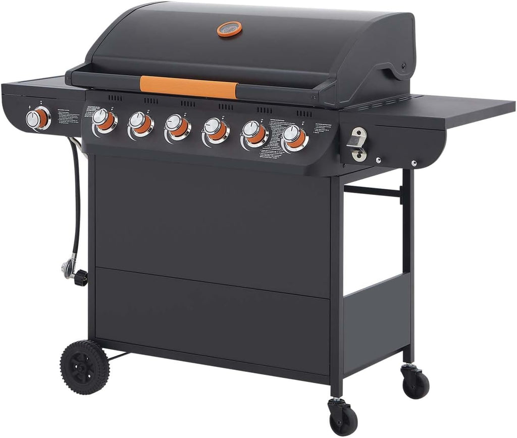6-Burner Propane Gas BBQ Grill with Side Burner, 72,000 BTU Stainless Steel Barbecue Grill with Cast Iron Grates and Side Table for Outdoor Cooking Kitchen Patio