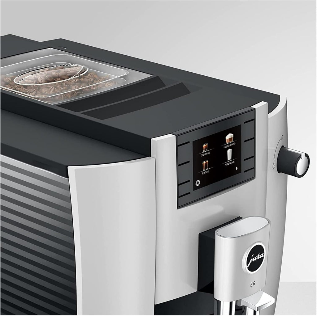 (Jura E6 Automatic, Affordable Espresso Machine with Programmable Coffee Strength (Platinum) Bundle with Smart Filter Cartridge, Cleaning Tablets, Coffee Beans Bag, and Glass Milk Container (5 Items)