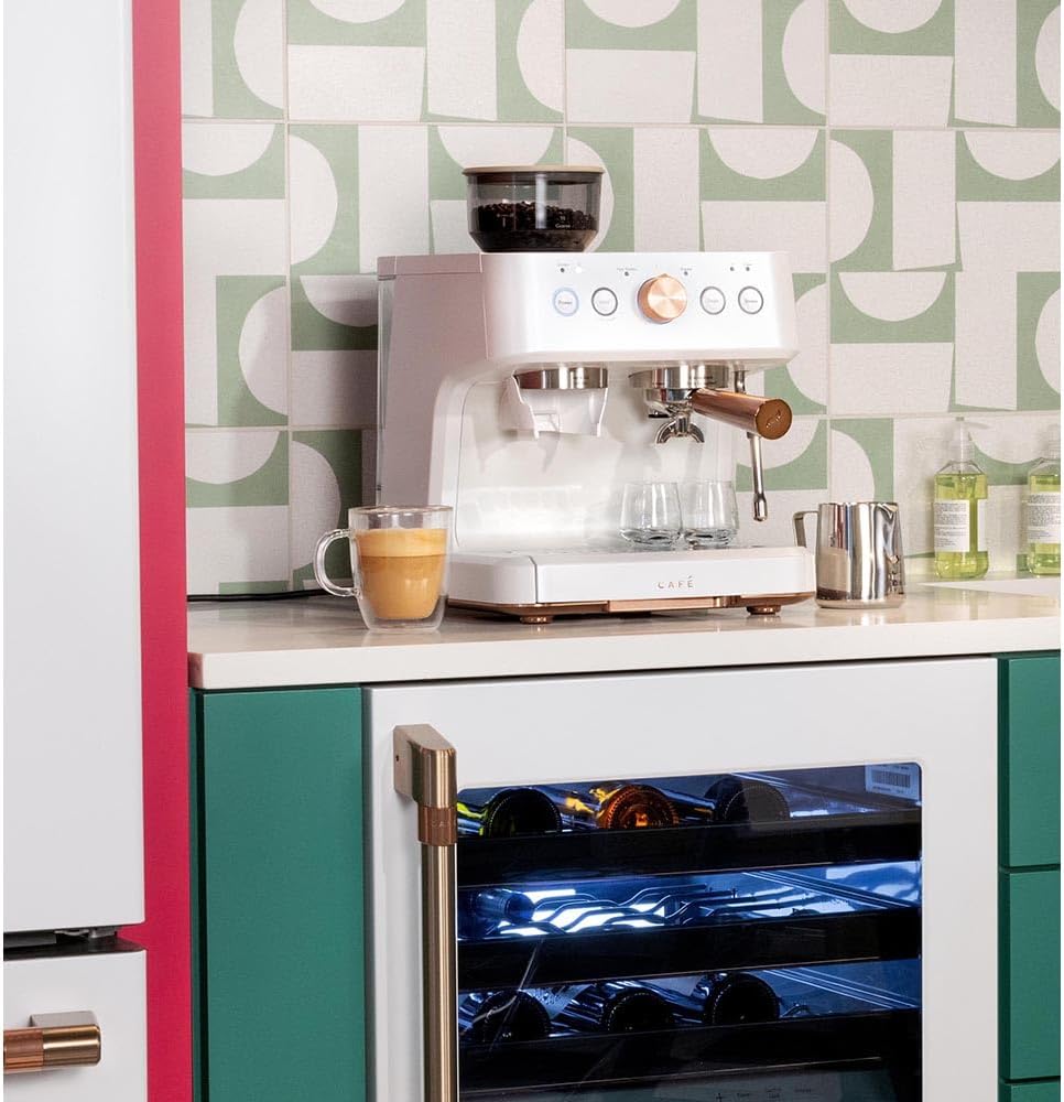 Café Bellissimo Semi Automatic Espresso Machine with Grinder & Milk Frother | Copper Accents | WiFi App Control | Large 95oz Tank | Matte White