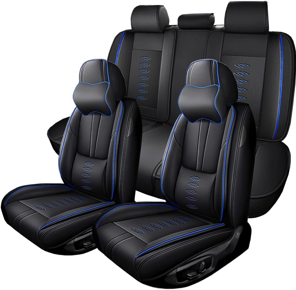 Full Set Seat Covers for Chevrolet Blazer EV 2024 2025,Leather Car Seat Cover,Soft Seat Cushion Covers with Airbag,Waterproof Automobile Seat Protectors for Blazer EV(Black Blue,Deluxe)