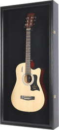 DisplayGifts 45' Acoustic Guitar Display Case Cabinet Shadow Box with Guitar Hanger Stand, Lockable 98% UV Protection Black Felt Interior Black Finish Frame