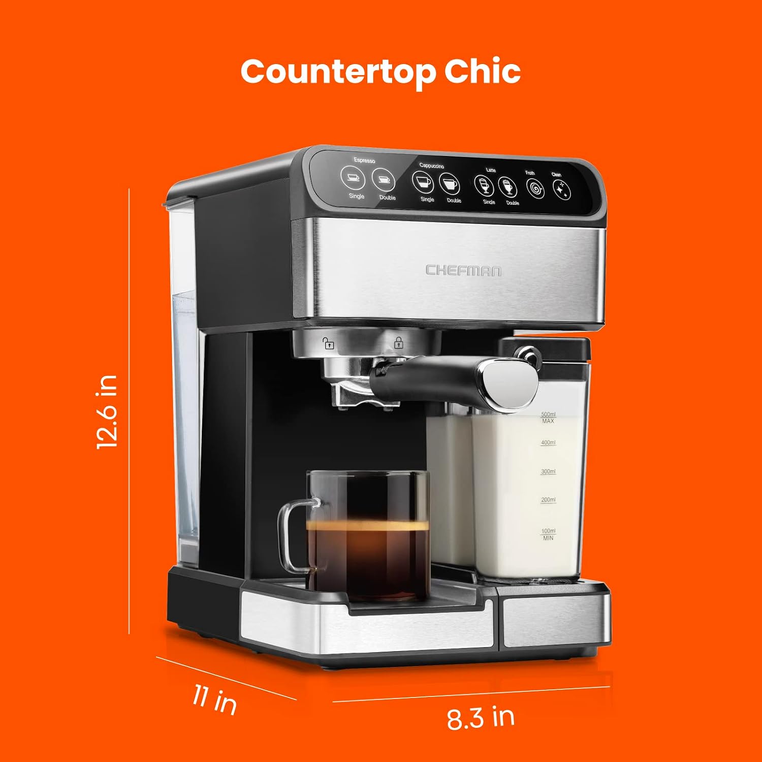 Chefman 6-in-1 Espresso Machine with Built-In Milk Frother, 15-BAR Pump, Digital Display, One-Touch Single or Double Shot for Cappuccinos and Lattes, XL 1.8-L Water Reservoir, Stainless Steel