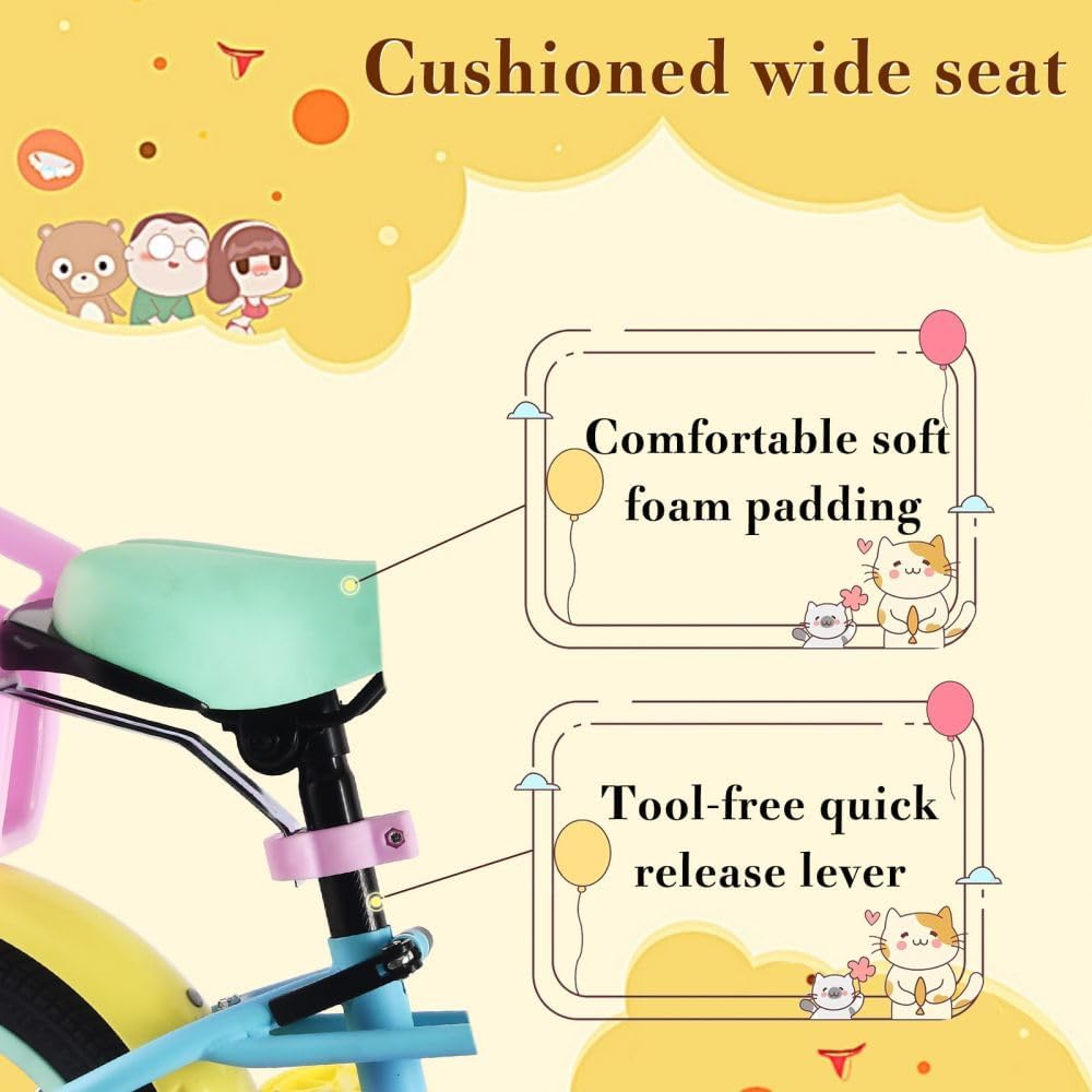 RULLY 12 14 16 Inch Kids Bike for 2-7 Years Girls 33-53 Inch Tall, Toddler Bicycle with Training Wheels & Coaster Brake, Rainbow Bike, Macarons