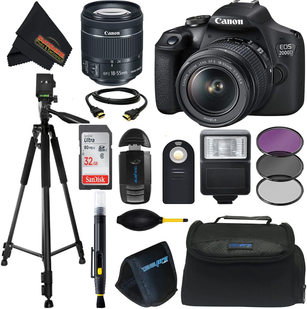 Canon EOS 2000D (Rebel T7) DSLR Camera wCanon EF-S 18-55mm F3.5-5.6 III Lens and Sunshine Photo Professional Accessories Bundle (Renewed)