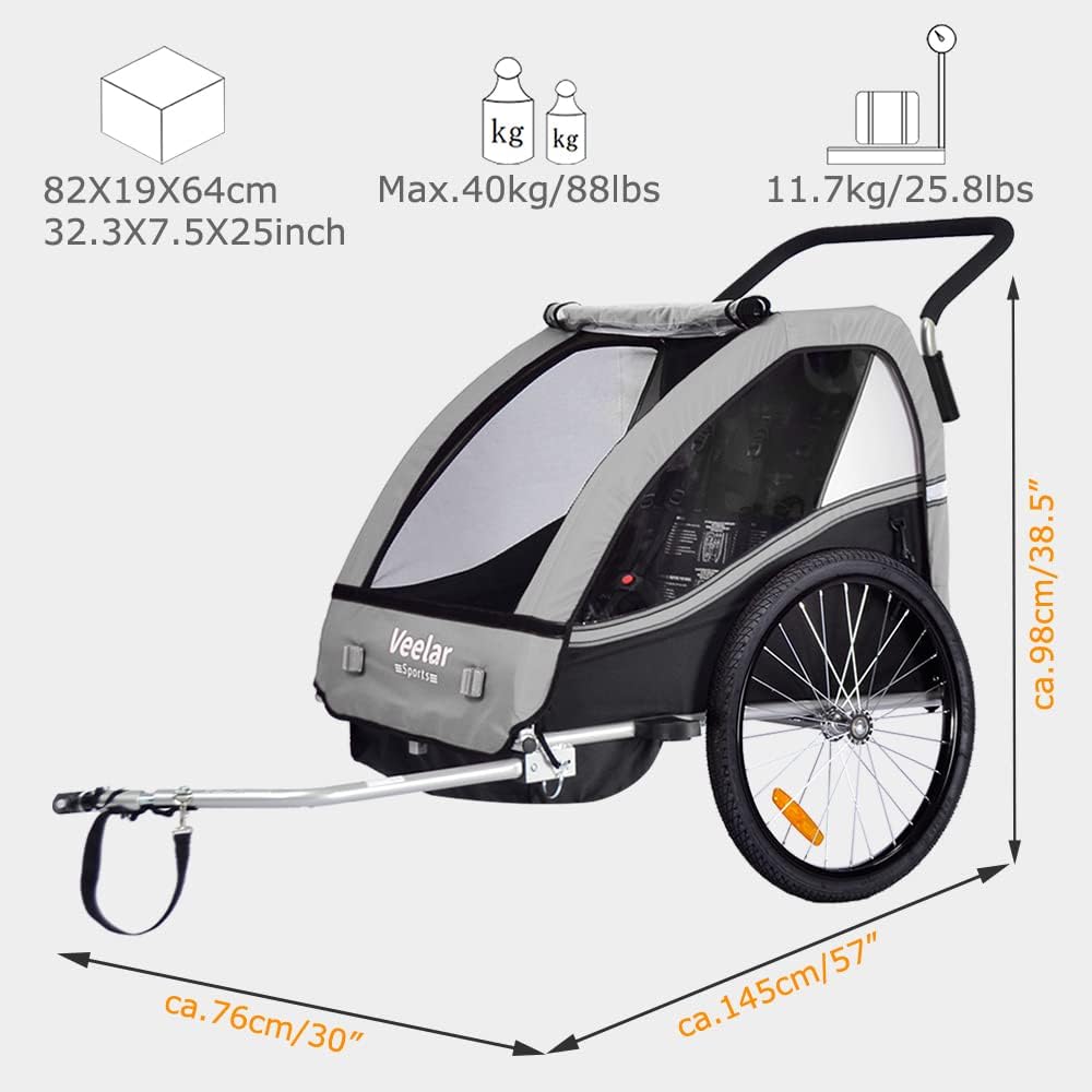 Veelar Bike Trailer & Stroller 2 in 1 Double Seat for Toddlers, Kids, Child Bicycle Carrier Jogger