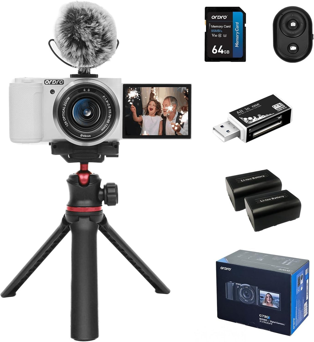 ORDRO 5K Digital Camera for Photography, 12X Optical Zoom Vlogging Camera for YouTube with 3.2' IPS Touch Flip Screen, WDR, Night Vision; Bunble Kit 64GB Card + Mic+ Flex Tripod
