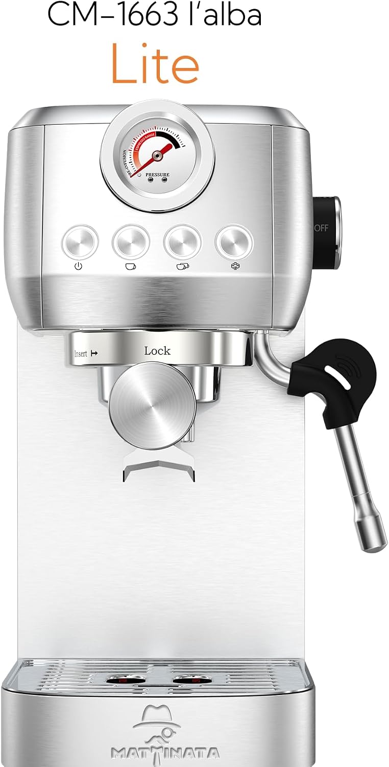 MAttinata CM1663 Espresso Machine, 20 Bar Compact Coffee Maker with Milk Frother Steam Wand for Cappuccino, Latte, Professional Pressure Gauge & 49oz Removable Water Tank for Home，Stainless Steel