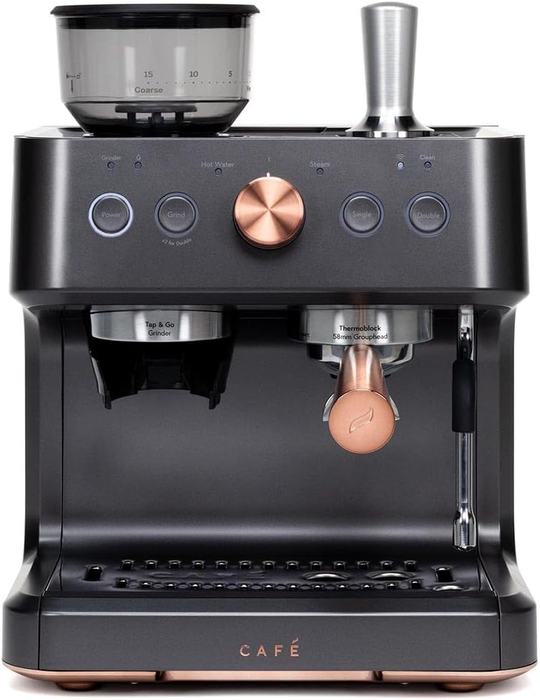 Café Bellissimo Semi Automatic Espresso Machine with Grinder & Milk Frother | Copper Accents | WiFi App Control | Large 95oz Tank | Matte Black