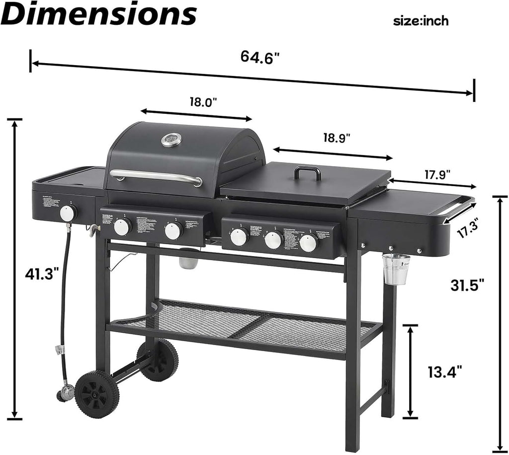 5 Burners Propane Gas Grill and Griddle Combo with Side Burner, 3 in 1 Griddle Grill and Porcelain-Enameled Cast Iron Grates, 56,000 BTU Outdoor Cooking Barbecue Grill, Black