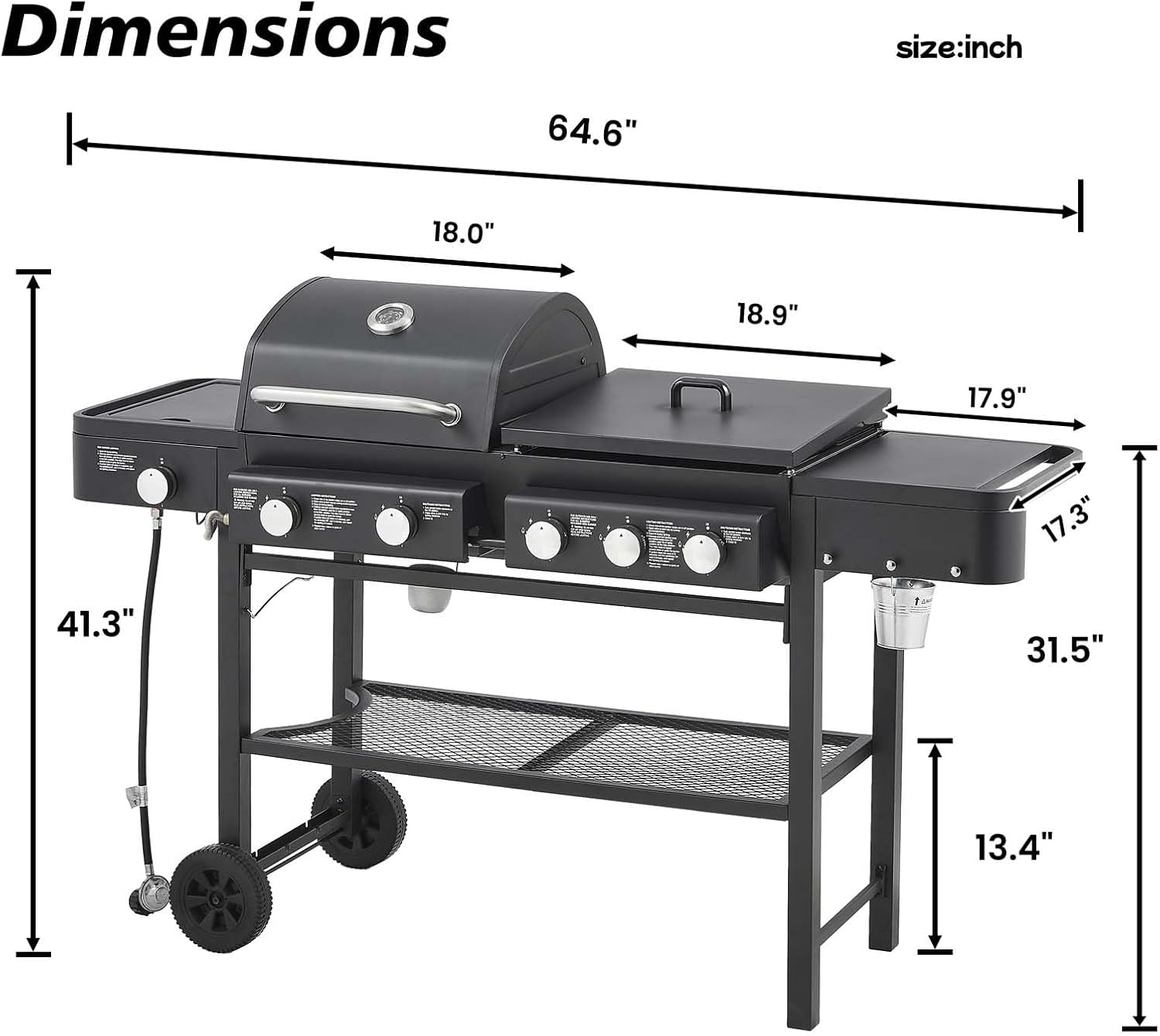 5 Burners Propane Gas Grill and Griddle Combo with Side Burner, 3 in 1 Griddle Grill and Porcelain-Enameled Cast Iron Grates, 56,000 BTU Outdoor Cooking Barbecue Grill, Black