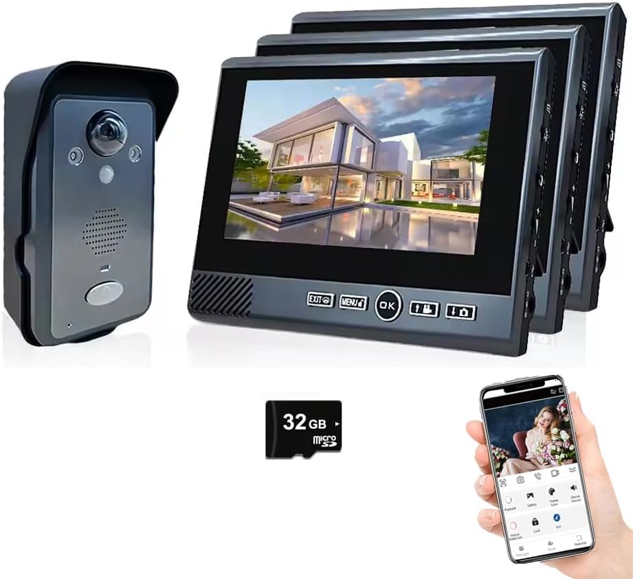 Ring Doorbell Wireless,Doorbell Camera Night Vision 1080P HD Camera,7 Inch TFT Screen Monitor,Support Tamper Alarm & Motion Detection,Long Standby,Visual Intercom Doorbell (1 Door +3 Monitor)