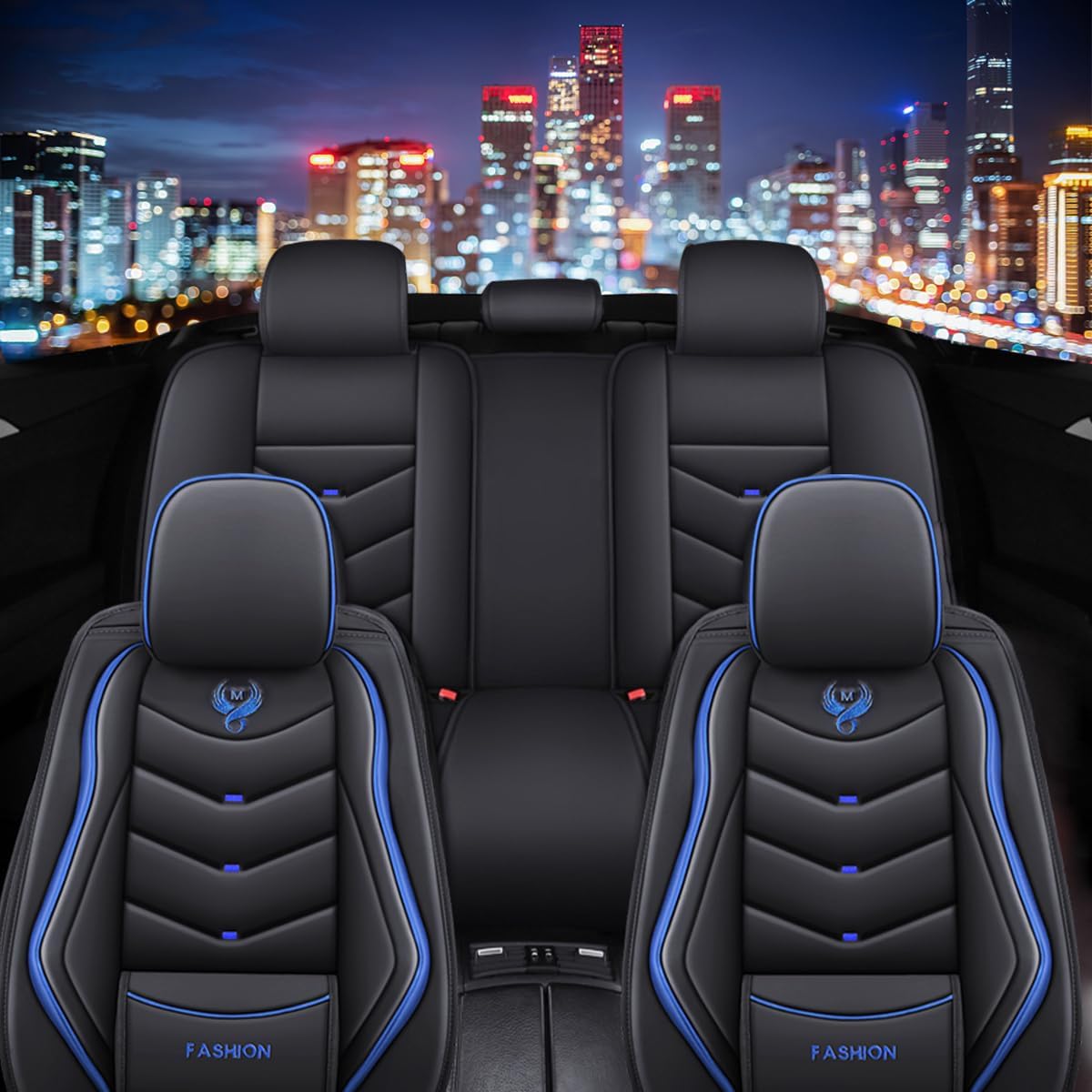 Car Seat Covers Full Set for Nissan Pathfinder 2015-2025 Leather Seat Covers, Waterproof Non-Slip Breathable and Wear Seat Cover, Car Seat Protector Adapted Airbags（Standard, Black+Blue）