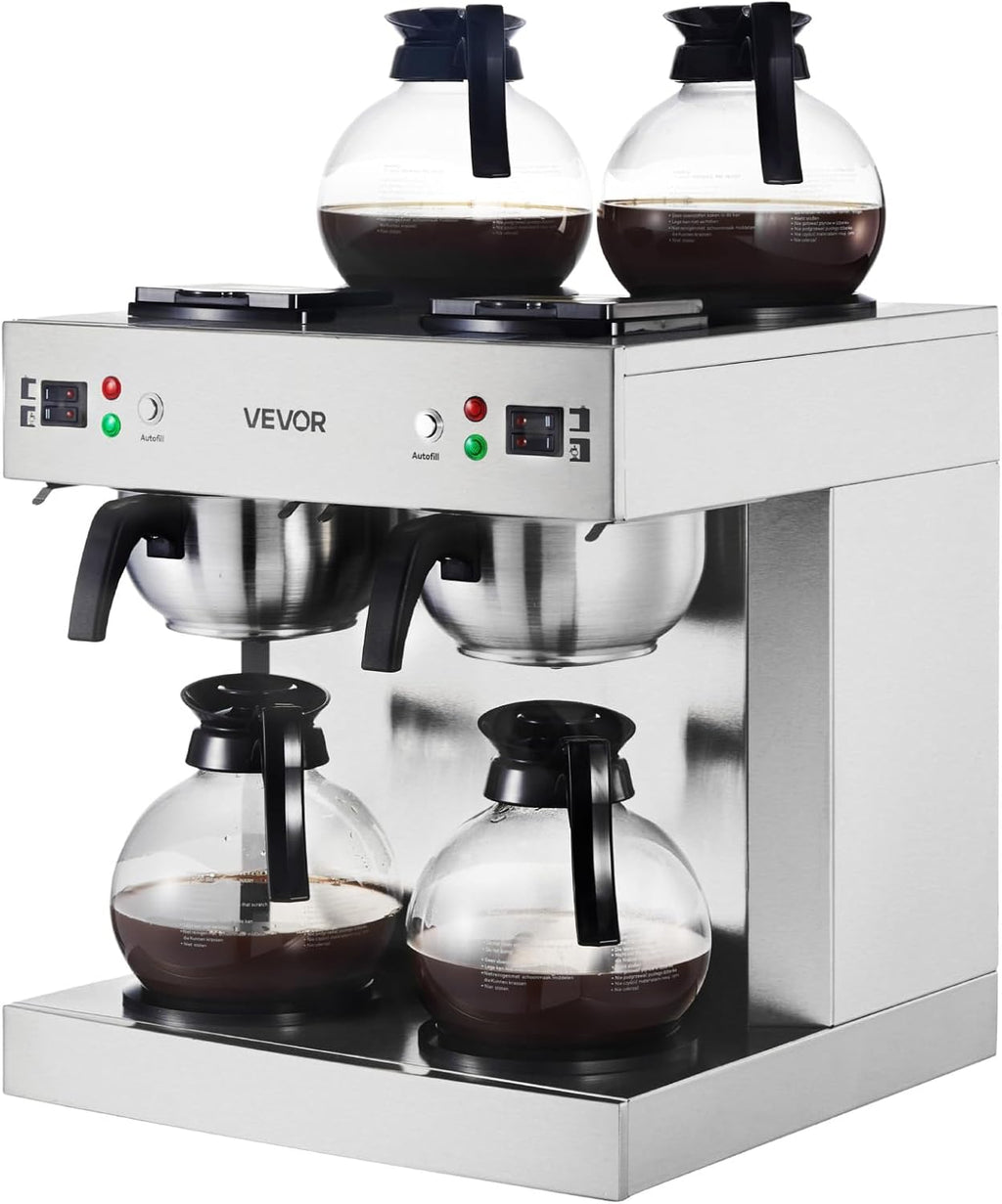 VEVOR Commercial Drip Coffee Maker, 24 Cups Coffee-Maker Machine with 4 Glass Carafes and 4 Decanter Warmer Plates, Stainless Steel Dual-Head Coffee Brewer, for Restaurant, Office, Coffee Shop & Home