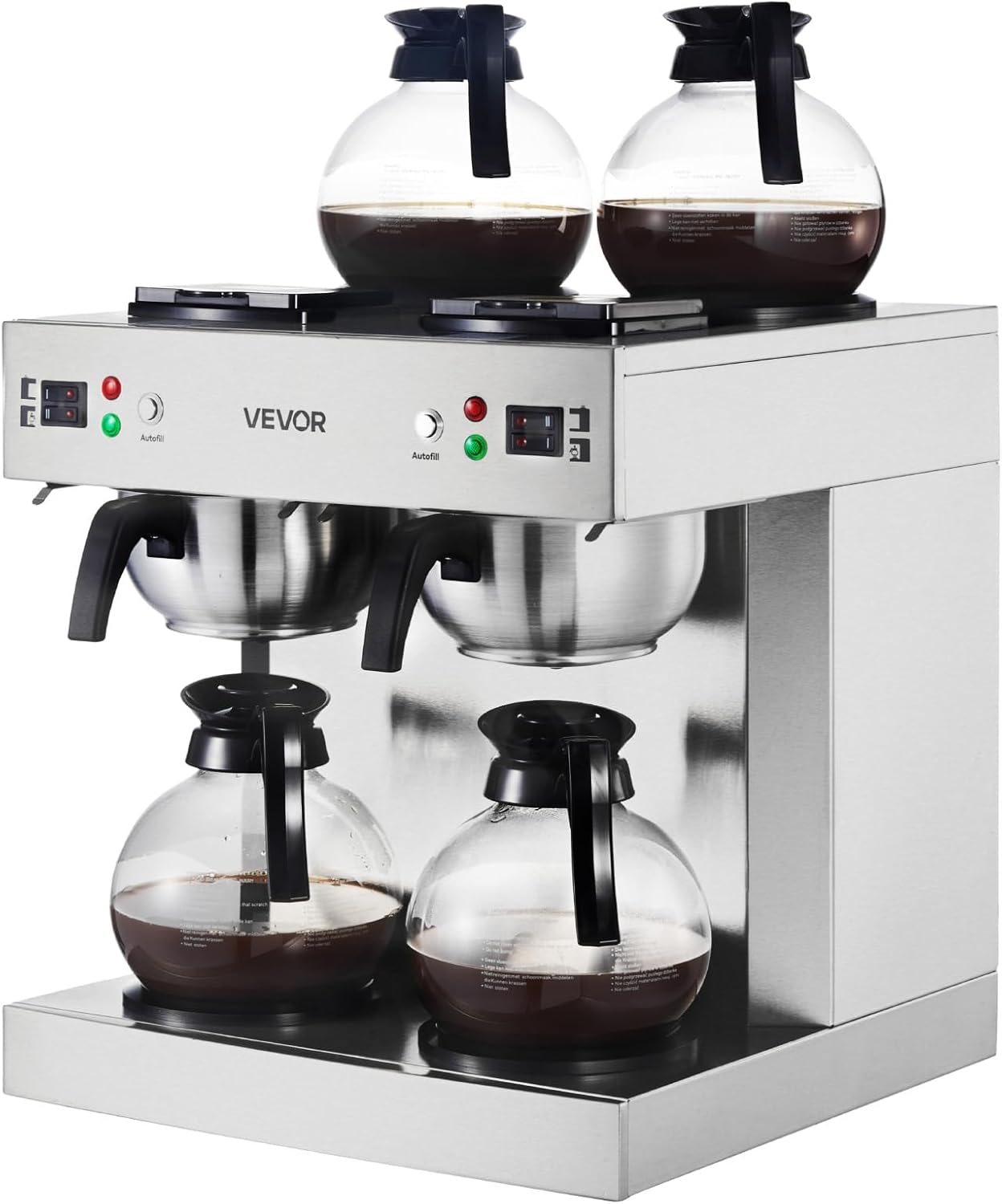 VEVOR Commercial Drip Coffee Maker, 24 Cups Coffee-Maker Machine with 4 Glass Carafes and 4 Decanter Warmer Plates, Stainless Steel Dual-Head Coffee Brewer, for Restaurant, Office, Coffee Shop & Home