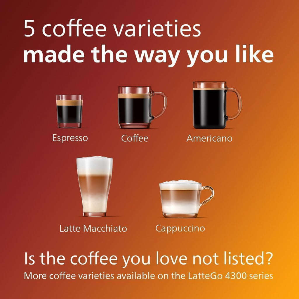 Philips 4300 Series Fully Automatic Espresso Machine - LatteGo Milk Frother, 8 Coffee Varieties, Intuitive Touch Display, Black, (EP4347/94)