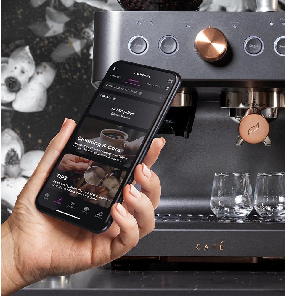 Café Bellissimo Semi Automatic Espresso Machine with Grinder & Milk Frother | Copper Accents | WiFi App Control | Large 95oz Tank | Matte Black
