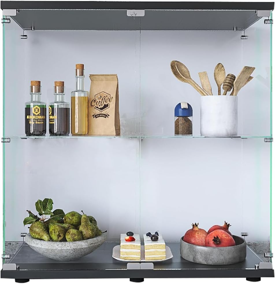 LFT HUIMEI2Y Glass Display Cabinet 2-Shelf with Double Door, Curio Cabinets Fast Installation in 30 Mins, Tempered Glass Floor Standing Bookshelf for Bedroom, Living Room 32.8'x 31.7'x 14.4' Black