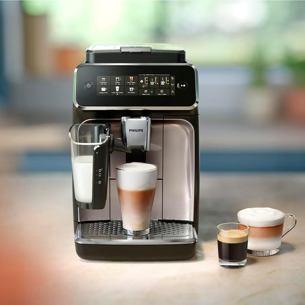 PHILIPS 3300 Series Fully Automatic Espresso Machine - LatteGo Milk System, 5 Coffee Varieties, Intuitive Touch Display, SilentBrew, 100% Ceramic Grinder, AquaClean Filter, Glossy Black (EP3347/90)