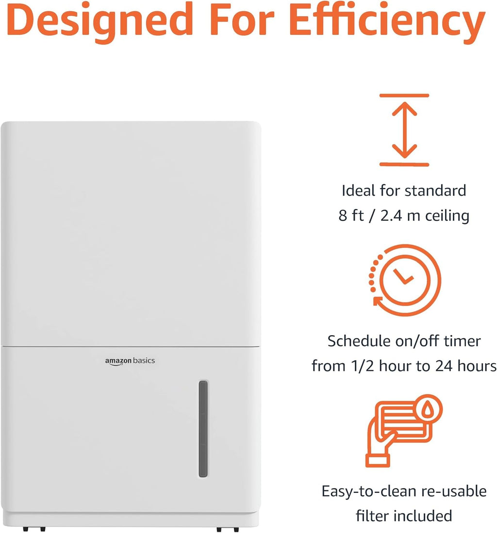 Amazon Basics 50-Pint Large Dehumidifier with Humidity Control, Timer, Auto-Defrost, Overflow Protection, Washable Filter for Rooms up to 4000 SFT, White