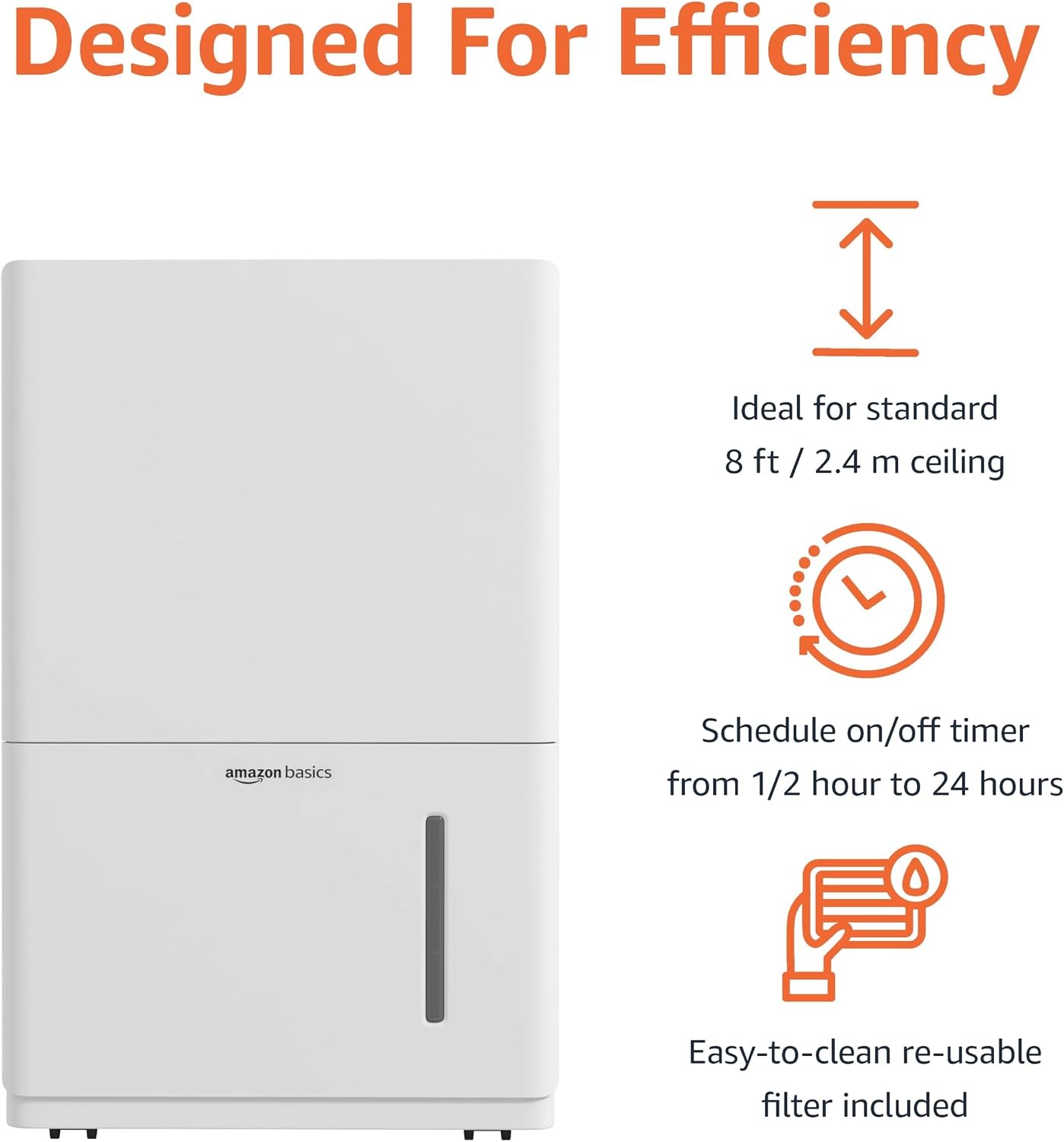 Amazon Basics 50-Pint Large Dehumidifier with Humidity Control, Timer, Auto-Defrost, Overflow Protection, Washable Filter for Rooms up to 4000 SFT, White