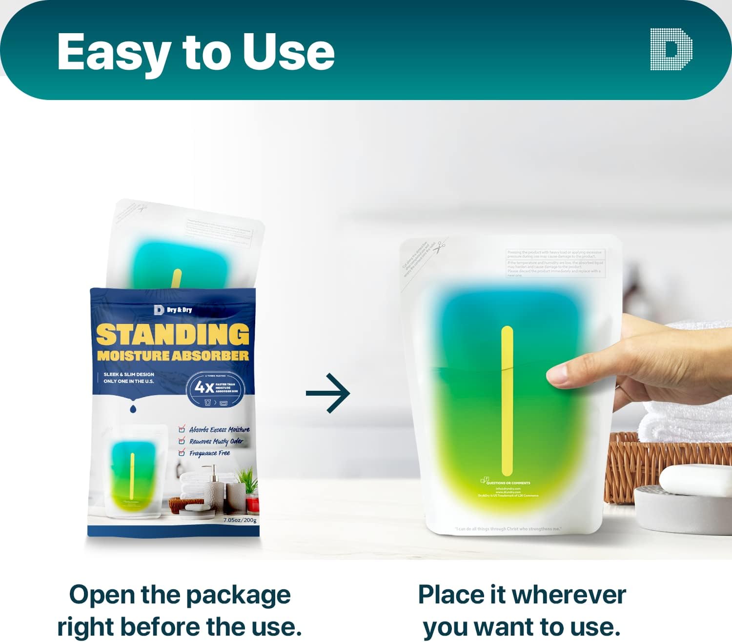 Dry & Dry 100 Packs Standing Moisture Absorbers to Control Excess Moisture for Basements, Closets, Bathrooms, Laundry Rooms - Moisture Absorbers, Moisture Absorbers