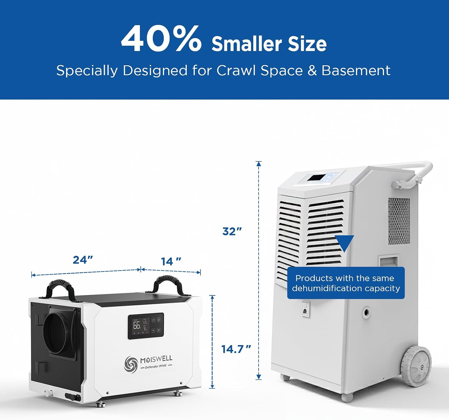 155 Pint Commercial Dehumidifier with Drain Hose for Crawl Spaces, Basements, Industry Water Damage Unit, Large Capacity, Compact, Portable, Auto Defrost, Memory Starting