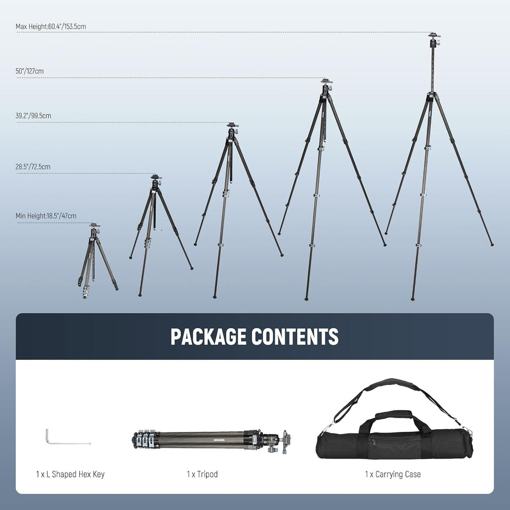 NEEWER 60.4' Travel Tripod Carbon Fiber with Detachable 360° Ball Head, Lightweight Video Camera Stand with Metal Quick Flip Buckle, Arca Type QR Plate Compatible with PD, LT36