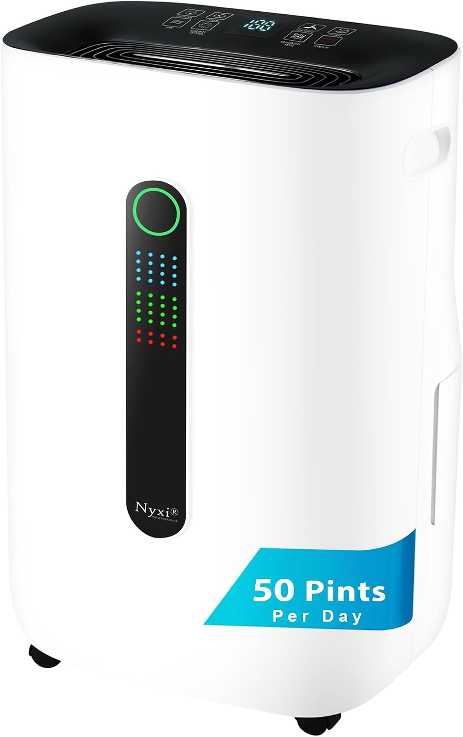 Nyxi 4,500 Sqft / 50 Pints Powerful Compressor Dehumidifier, Smart Digital Humidity Control, XL Water Tank 1.7 Gallon, Drain Hose Option, 24-Hour Timer, Removes Moisture for Home, Laundry, Office