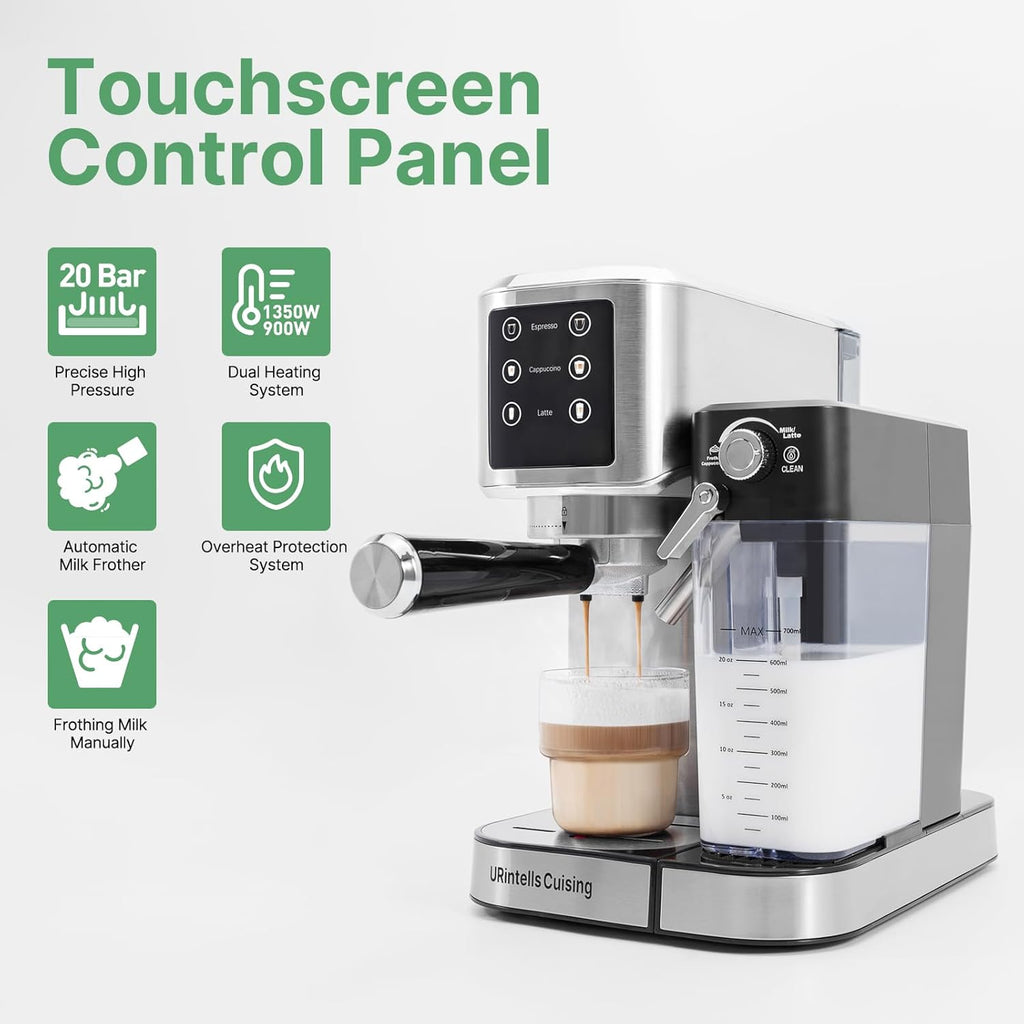 URintells Cuising Espresso Machine 20 Bar, Touchscreen Espresso Maker with Automatic Milk Frother for Cappuccino Latte, Expresso Coffee Machine for Home with Dual Heating System and Dual Pump