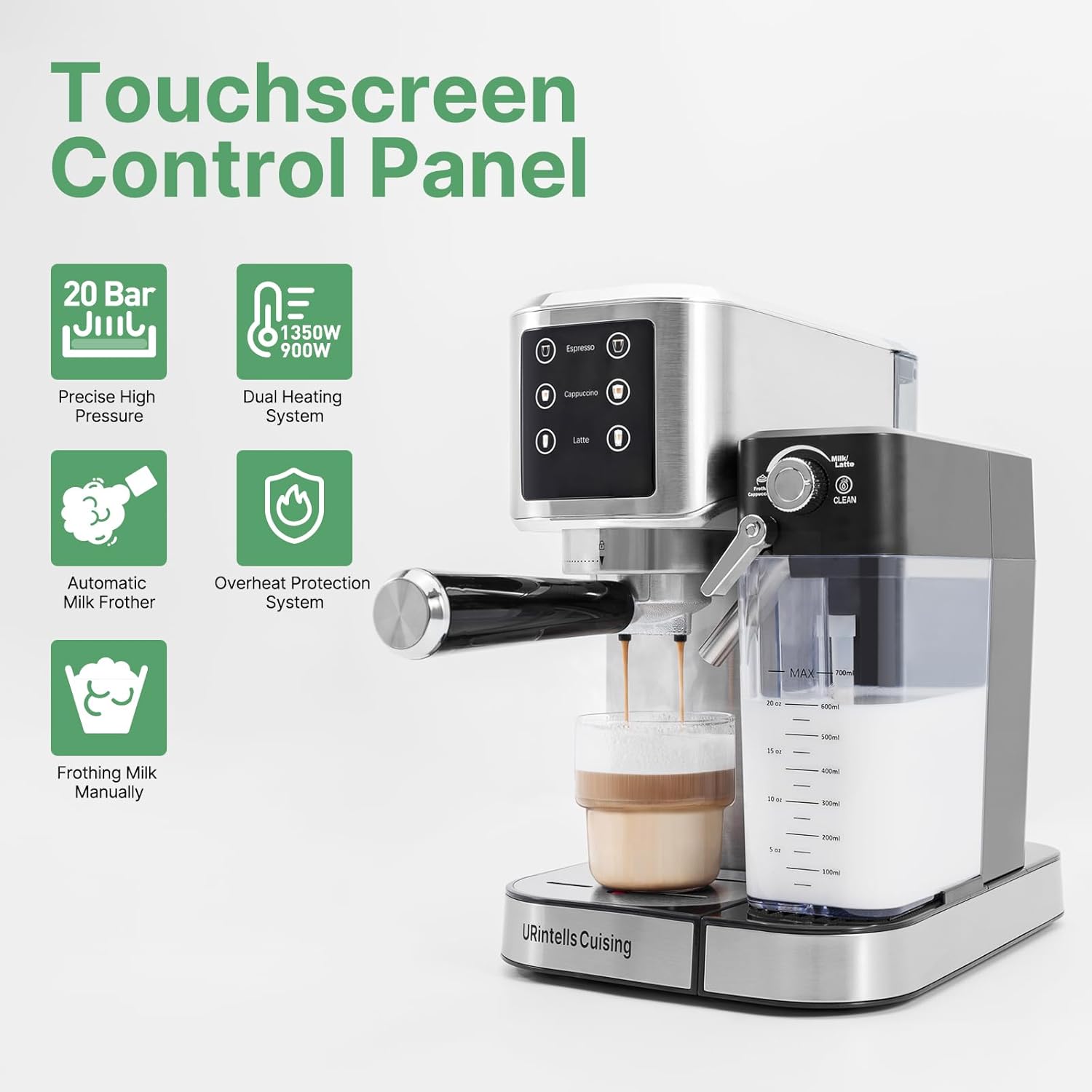 URintells Cuising Espresso Machine 20 Bar, Touchscreen Espresso Maker with Automatic Milk Frother for Cappuccino Latte, Expresso Coffee Machine for Home with Dual Heating System and Dual Pump