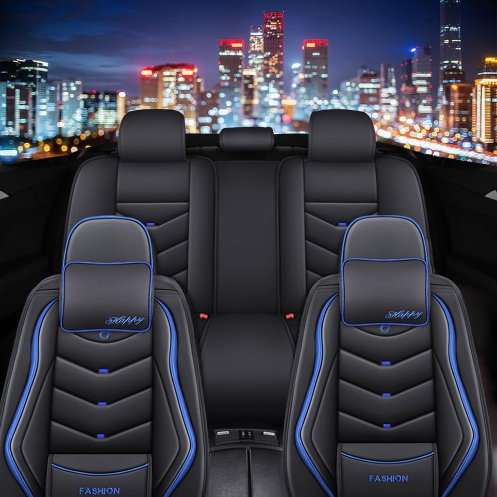 Car Seat Covers Full Set for Nissan Pathfinder 2015-2025 Leather Seat Covers, Waterproof Non-Slip Breathable and Wear Seat Cover, Car Seat Protector Adapted Airbags（Luxury, Black+Blue）
