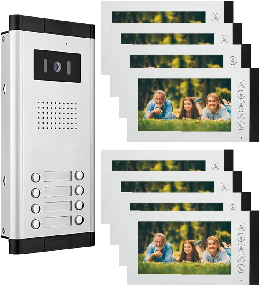 Wired Video Intercom System,7 Inch Ring Video Doorbell with IR Night Vision,HD Camera Kits,IR Outdoor Camera,Dual-Way Intercom for Villa Home Office Apartment (1 Bell +8 Monitor)
