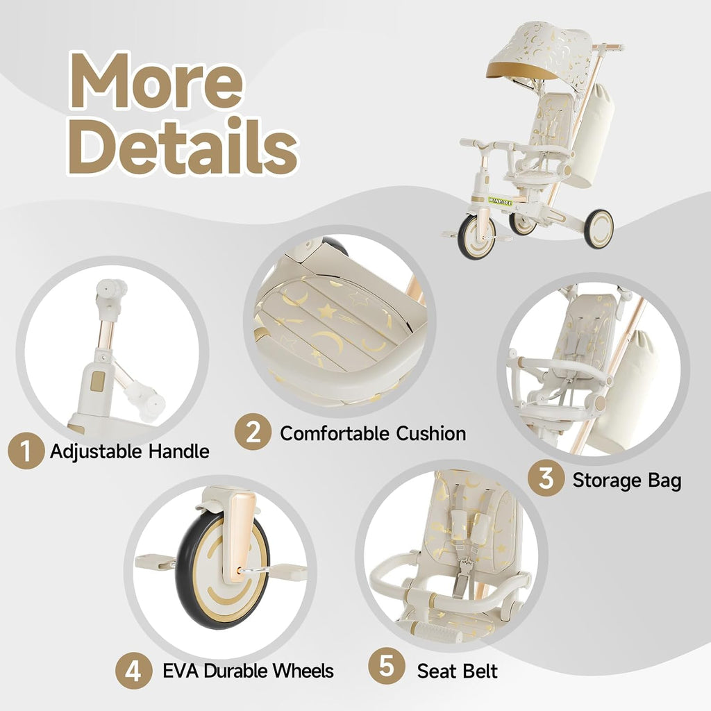 WinHope 9-in-1 Push Tricycle for Toddlers 1-3 Years | Convertible Kids Trike with Adjustable Parent Handle & Safety Harness, Lightweight Foldable Design + Storage Basket for Boys & Girls (White)