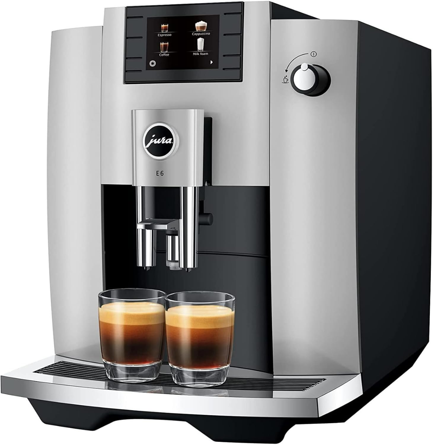 (Jura E6 Automatic, Affordable Espresso Machine with Programmable Coffee Strength (Platinum) Bundle with Smart Filter Cartridge, Cleaning Tablets, Coffee Beans Bag, and Glass Milk Container (5 Items)