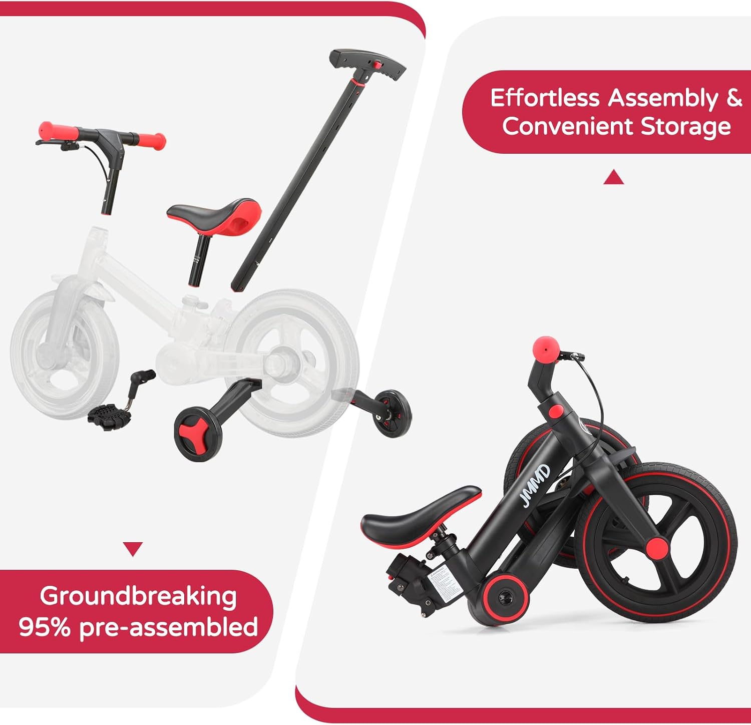 JMMD 6 in 1 Toddler Bike with Push Handle for Kids 18-60 Months, 12' Foldable Balance Bike with Training Wheels, Pedals, Brakes, Kickstand, Push Tricycle Toddler Gift & Toys for Boy & Girl