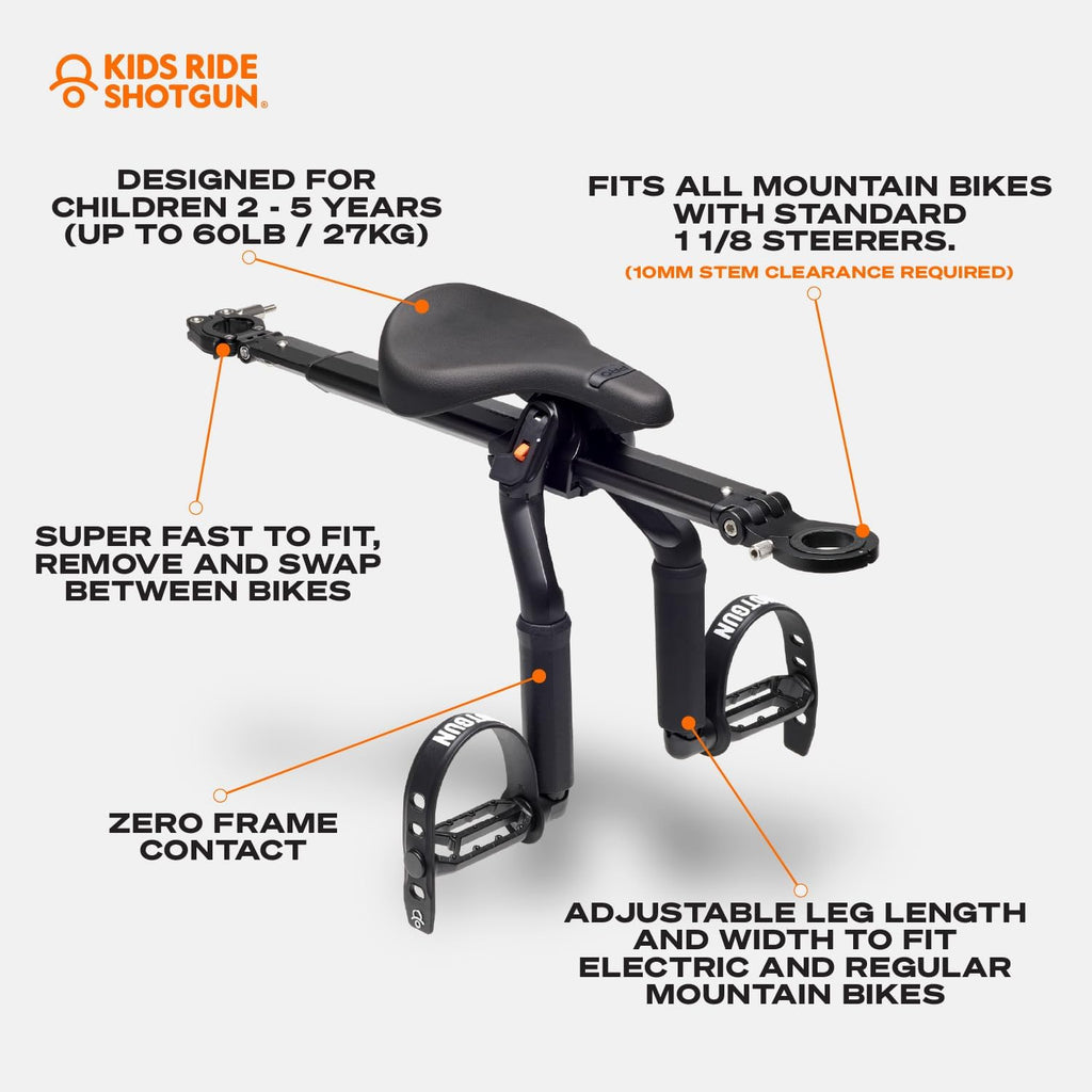 Kids Ride Shotgun - Child Bike Seat & Handlebar Combos - Front Mounted, for Children Aged 2~5 Years, Fits Most Adult Modern Mountain Bikes, Adjustable for Comfort