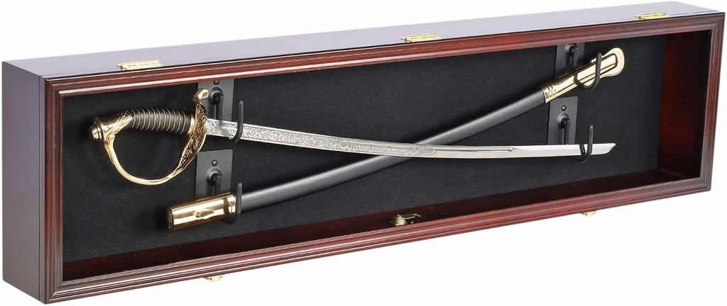 ONE 44' Long Rifle Gun Shotgun, Saber, Sword or Golf Club Display Case Cabinet Rack Putter Shadow Box w/98% UV Protection Lockable Door Mahogany Finish