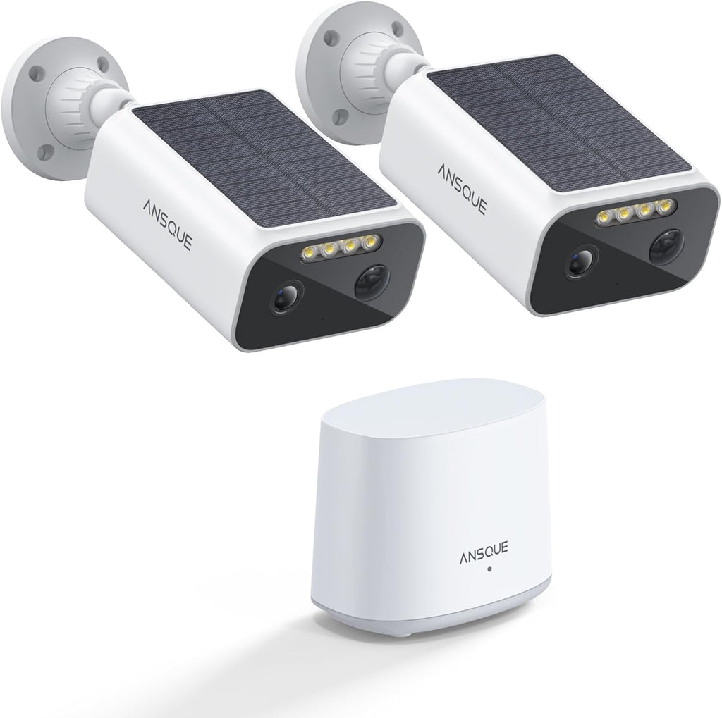 ANSQUE Solar Security Cameras Wireless Outdoor, 2-Cam-Kit, 2K Home Security Camera System, 365-Day Battery Life, No Subscription Fee, Easy to Install, Color Night Vision, Local Storage